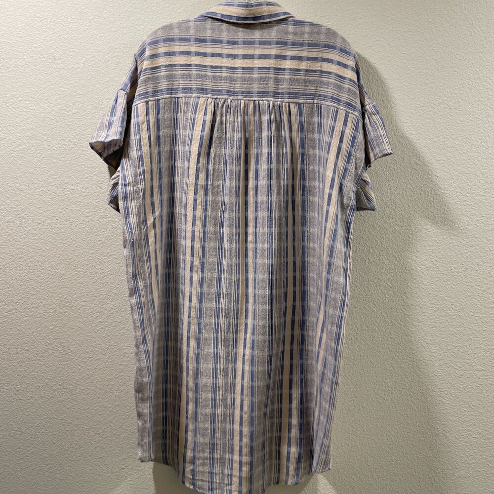 UMGEE  Flutter Short Sleeve Knee Length Oversize Shirt Dress Stripe Blue/Cream L - Picture 2 of 9